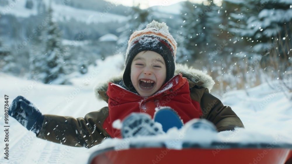 Joyful Child Sledding Down Snowy Hill in Winter Wonderland Joyful Child Sledding Down Snowy Hill in Winter Wonderland