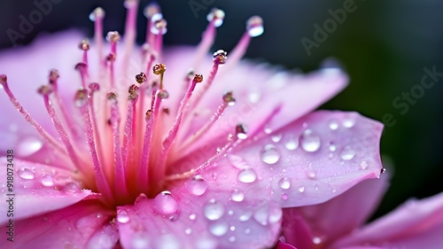 Macro shot of an astromeria flower with detailed hairs and dew drops. Pastel tones of pink, purple and white create a soothing atmosphere, giving a feeling of peace and unity with nature photo