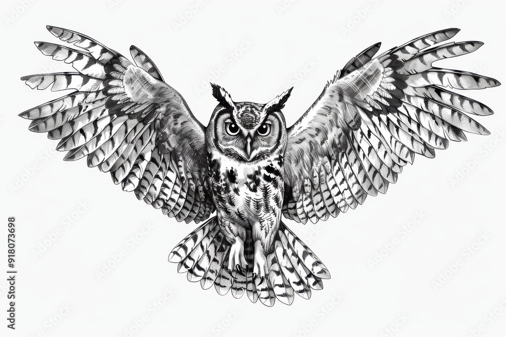 Black and white Vintage engraved art of an owl in flight, isolated on ...