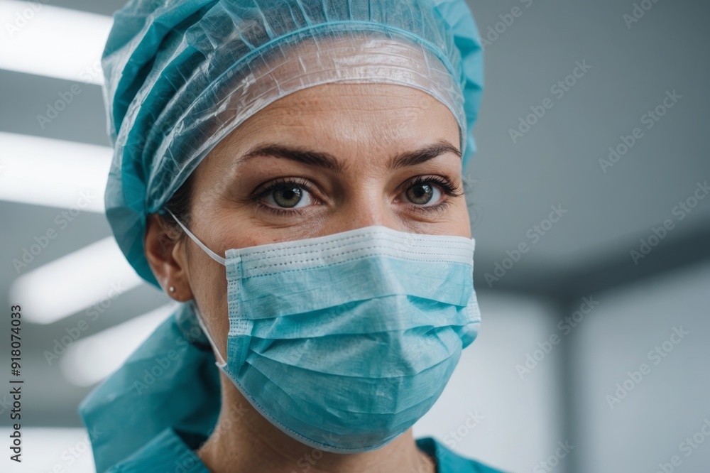 Close up portrait of adult female surgeon doctor wearing protective mask and cap. Close up portrait of adult female surgeon doctor wearing protective mask and cap.