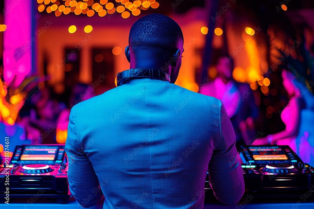 Obraz premium DJ performing at a vibrant night party with colorful lights and a lively crowd, copy space for text, music advertising, music banner