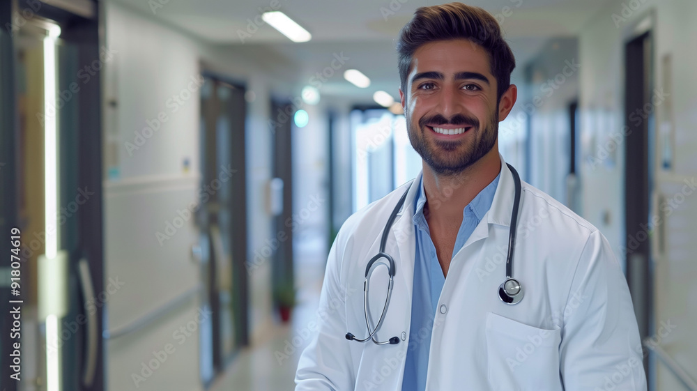 A successful doctor in a pristine white coat smiling confidently in a modern hospital corridor A successful doctor in a pristine white coat smiling confidently in a modern hospital corridor