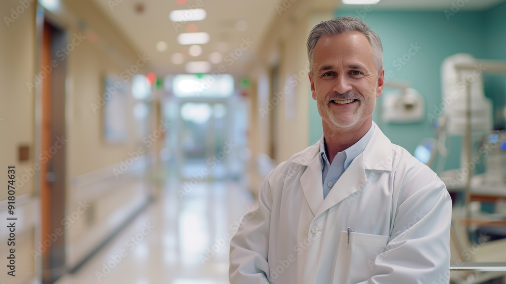 Fototapeta premium A successful doctor in a pristine white coat smiling confidently in a modern hospital corridor