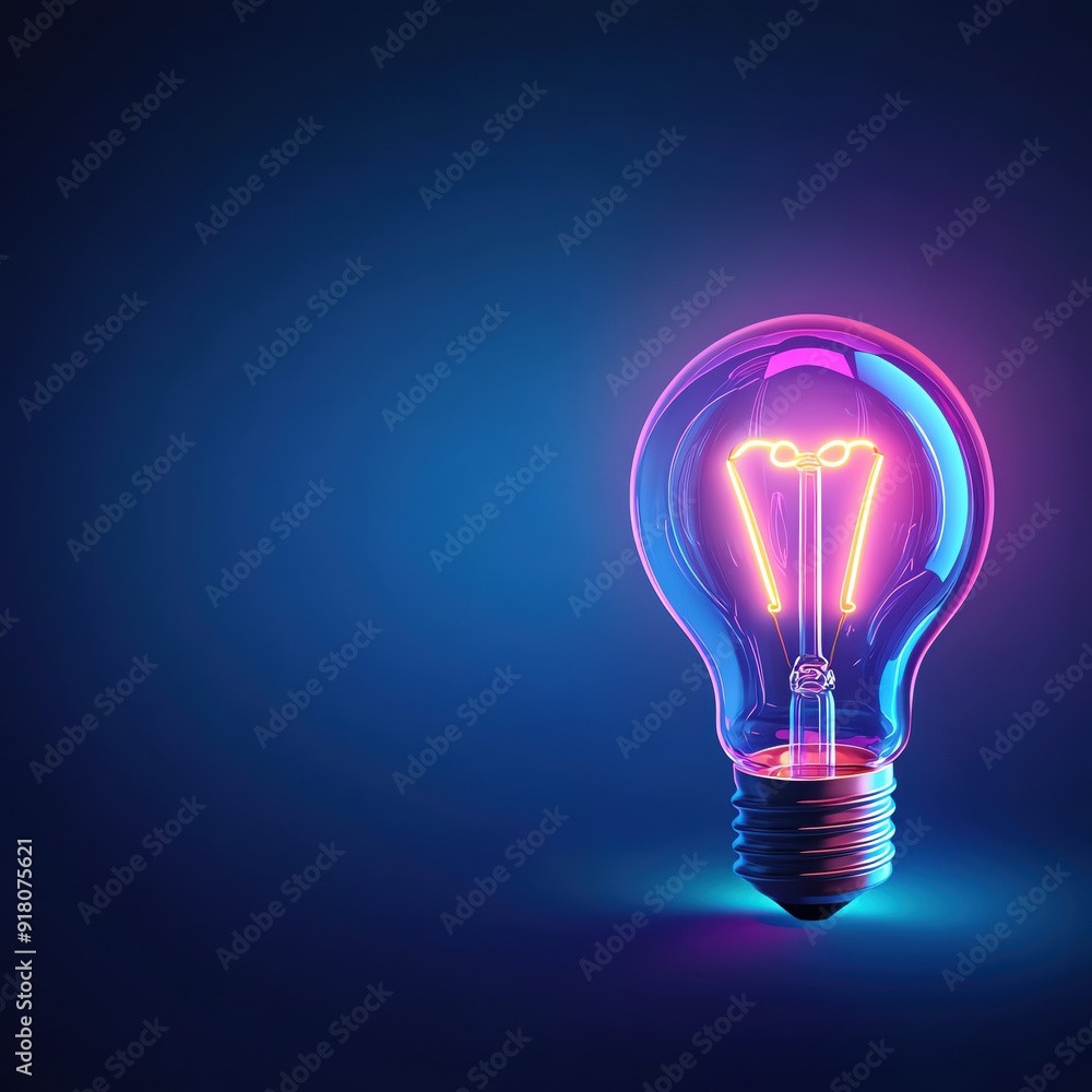 A vibrant light bulb emits colorful neon hues, symbolizing creativity and inspiration against a dark background. A vibrant light bulb emits colorful neon hues, symbolizing creativity and inspiration against a dark background.