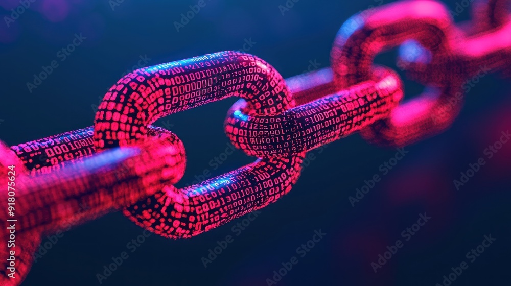 Broken chain links made of binary code, with spyware symbols in the gaps, showing the weak points in security chains. Broken chain links made of binary code, with spyware symbols in the gaps, showing the weak points in security chains.