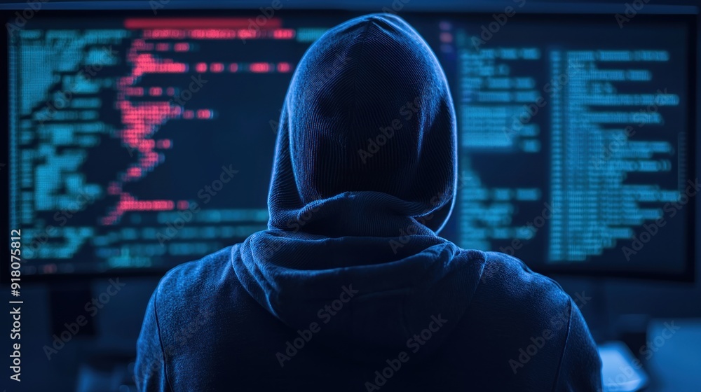 Hacker using a complex algorithm to crack a secure system, cyber attack ...