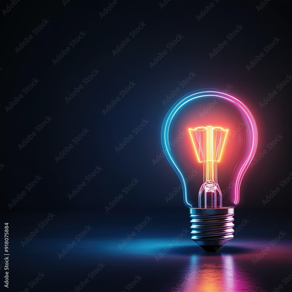 A vibrant neon light bulb glowing in dark, showcasing creativity and innovation. Perfect for modern design projects. A vibrant neon light bulb glowing in dark, showcasing creativity and innovation. Perfect for modern design projects.