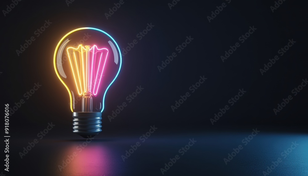 A vibrant neon light bulb glows against a dark background, symbolizing creativity, innovation, and inspiration in design. A vibrant neon light bulb glows against a dark background, symbolizing creativity, innovation, and inspiration in design.