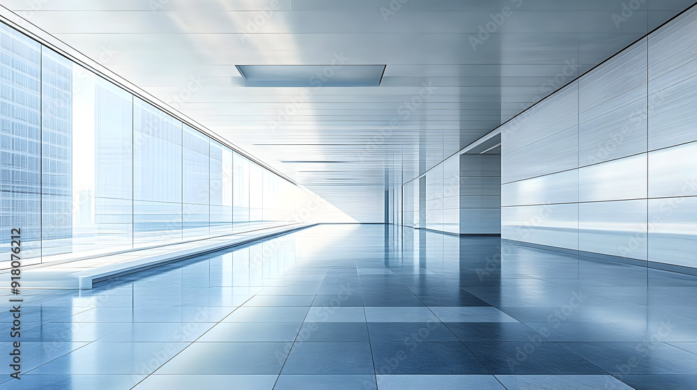 Empty modern hallway with glass walls and tiled floor. Empty modern hallway with glass walls and tiled floor.