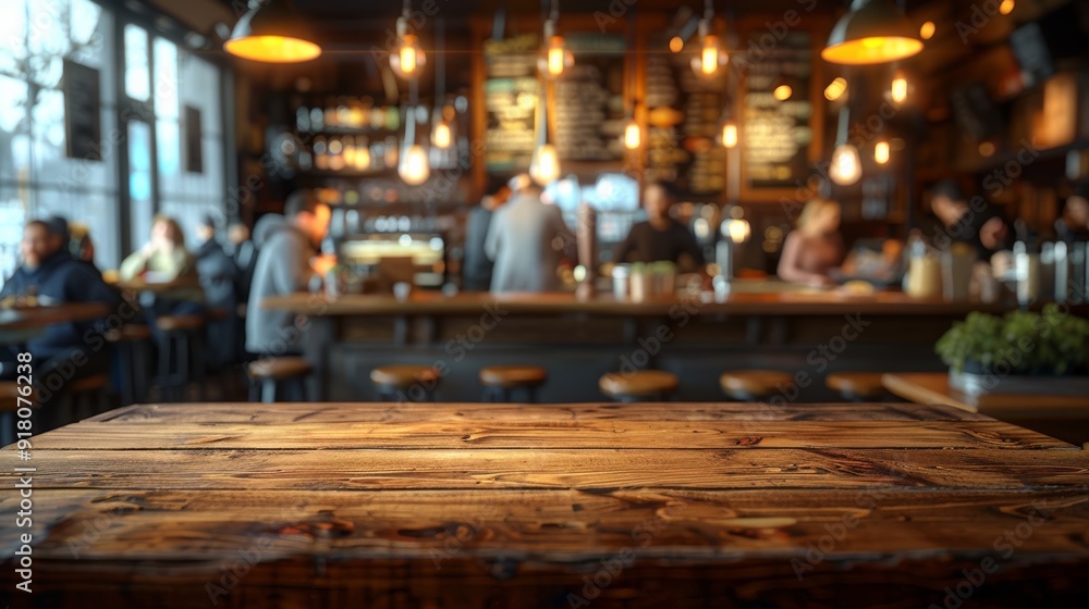 Busy café interior with wooden tables and warm lighting during the afternoon Busy café interior with wooden tables and warm lighting during the afternoon