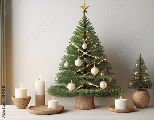 Elegant Scandinavian Christmas Tree with Wooden Ornaments and White Candles Winter Illustration