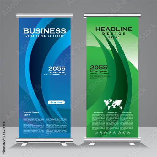 Professional and Corporate Roll Up Banner design with blue and green colours, Standee Template for Multipurpose Use like event, exhibition, welcome, presentation, company and business purpose. vector 