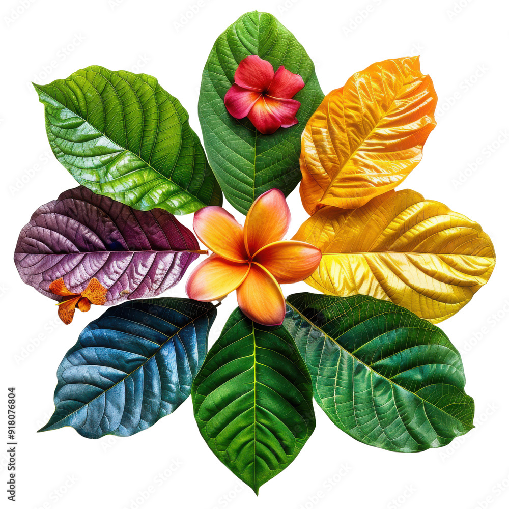 Obraz premium A vibrant arrangement of colorful leaves and tropical flowers, showcasing nature's beauty and diversity in a stunning composition.