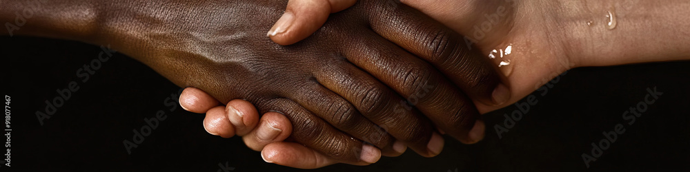 Fototapeta premium Two hands clasped together in silence, a single tear trickling down a cheek.