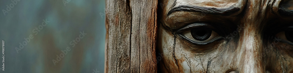 Obraz premium A mask, delicately painted with a sad expression, hanging on a wooden post.