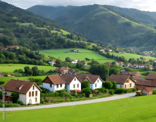 Charming Village with Rolling Hills in Background