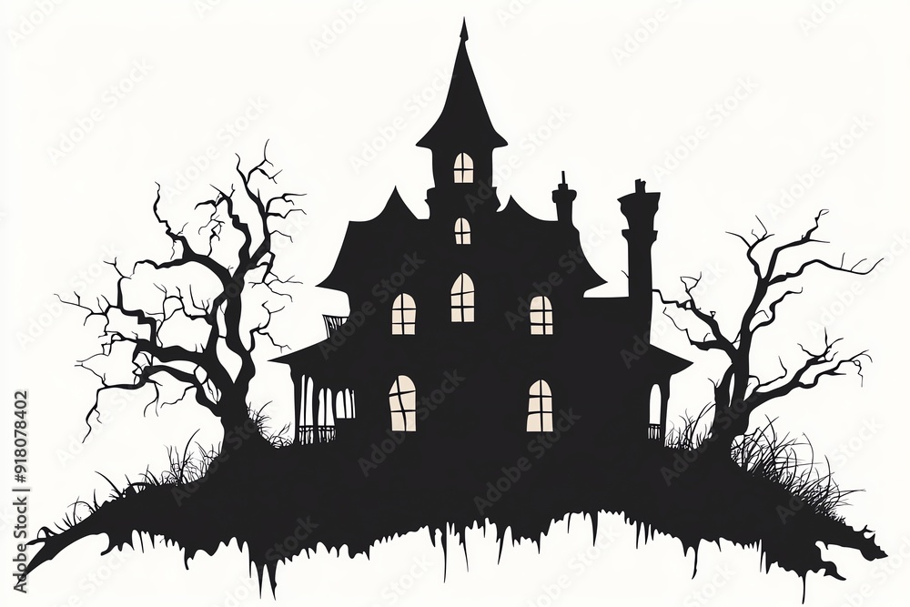 Silhouette of a spooky haunted house with glowing windows and bare trees. Silhouette of a spooky haunted house with glowing windows and bare trees.