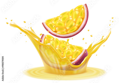 Exotic, tropical passion fruit in splash of juice or smoothie, splash of vitamin cocktail with drops, juice splash with ripe purple passion fruit. Realistic 3d vector illustration