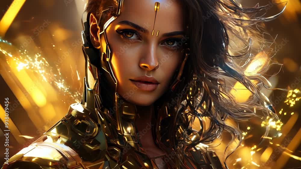 Futuristic Woman in Gold Armor Surrounded by Golden Light Futuristic Woman in Gold Armor Surrounded by Golden Light