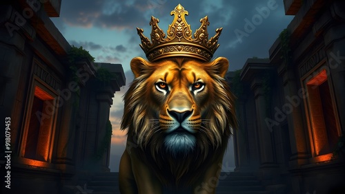 Fierce Lion with Bronze Crown at Ancient Temple Entrance - Fantasy Artwork