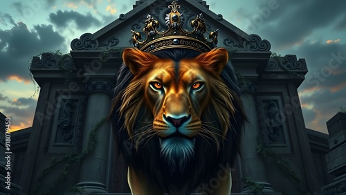 Fierce Lion with Bronze Crown at Ancient Temple Entrance - Fantasy Artwork