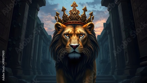 Fierce Lion with Bronze Crown at Ancient Temple Entrance - Fantasy Artwork
