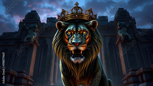 Fierce Lion with Bronze Crown at Ancient Temple Entrance - Fantasy Artwork