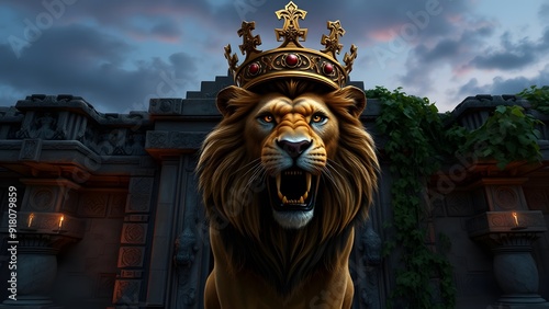 Fierce Lion with Bronze Crown at Ancient Temple Entrance - Fantasy Artwork