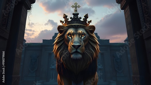 Fierce Lion with Bronze Crown at Ancient Temple Entrance - Fantasy Artwork