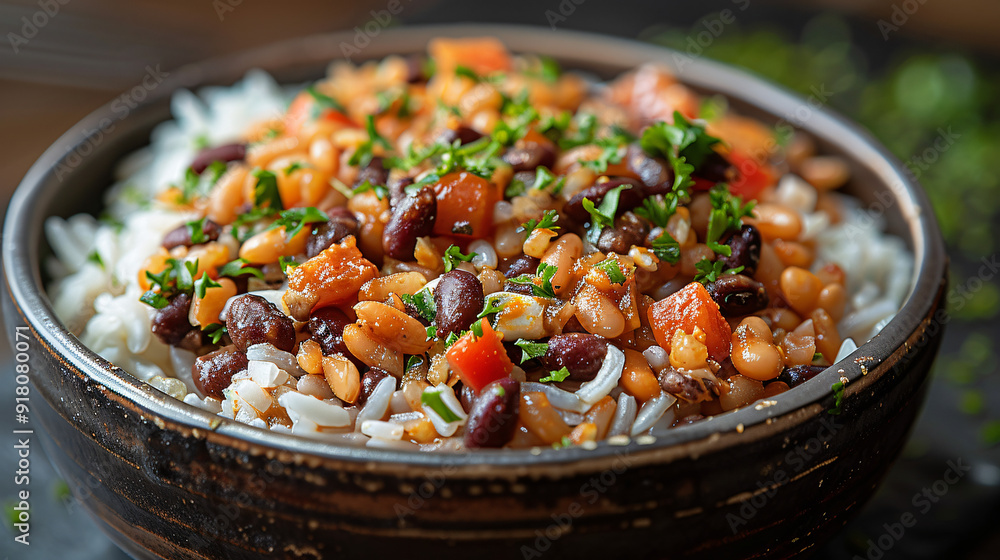 Delicious Rice and beans Puerto Rican food in bowel Delicious Rice and beans Puerto Rican food in bowel