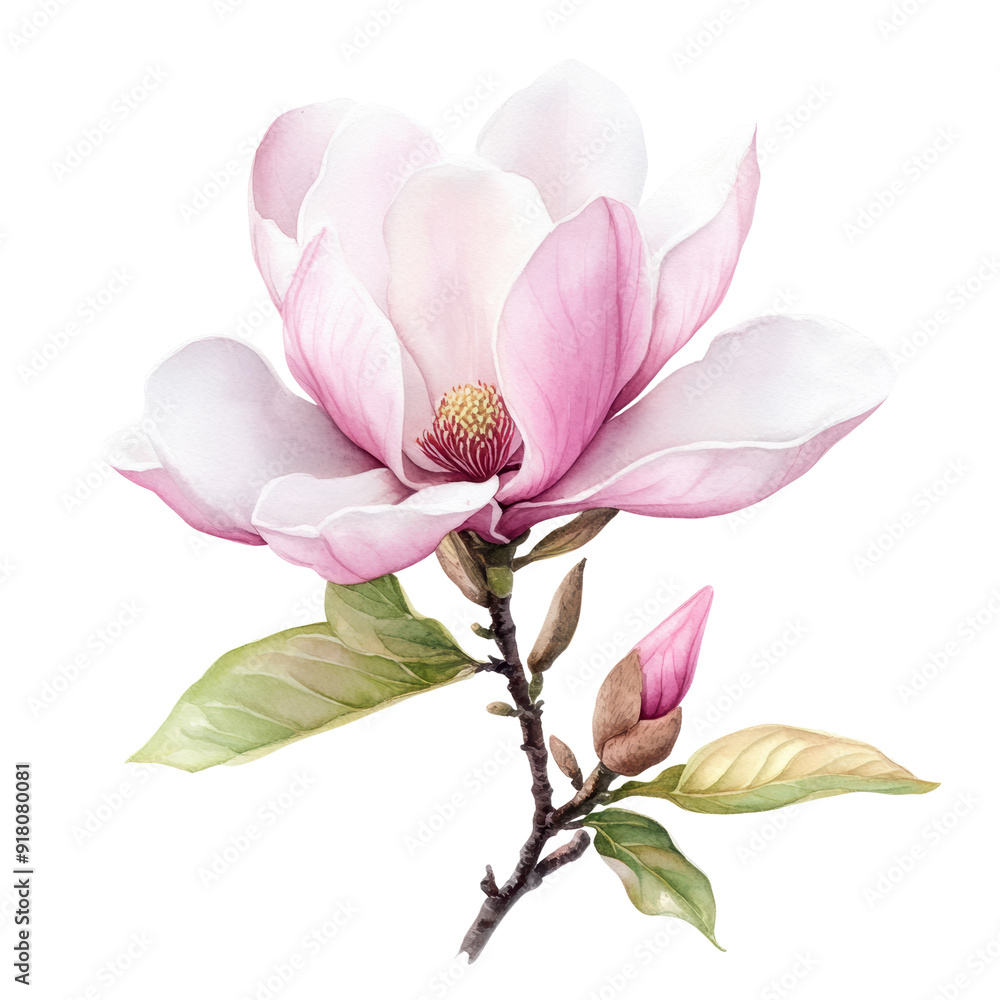 Obraz premium A delicate magnolia flower with soft pink petals, complemented by a budding flower and green leaves, showcasing beauty and elegance in nature
