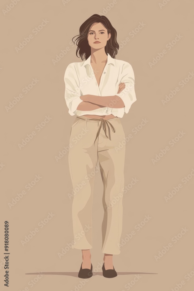 Fototapeta premium Minimalism illustration, a Caucasian woman, wearing a linen blouse and organic cotton trousers, standing with arms crossed, eco-friendly fashion, boho, flat illustration on muted earth brown 