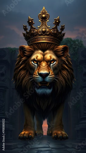 Fierce Lion with Bronze Crown at Ancient Temple Entrance - Fantasy Artwork