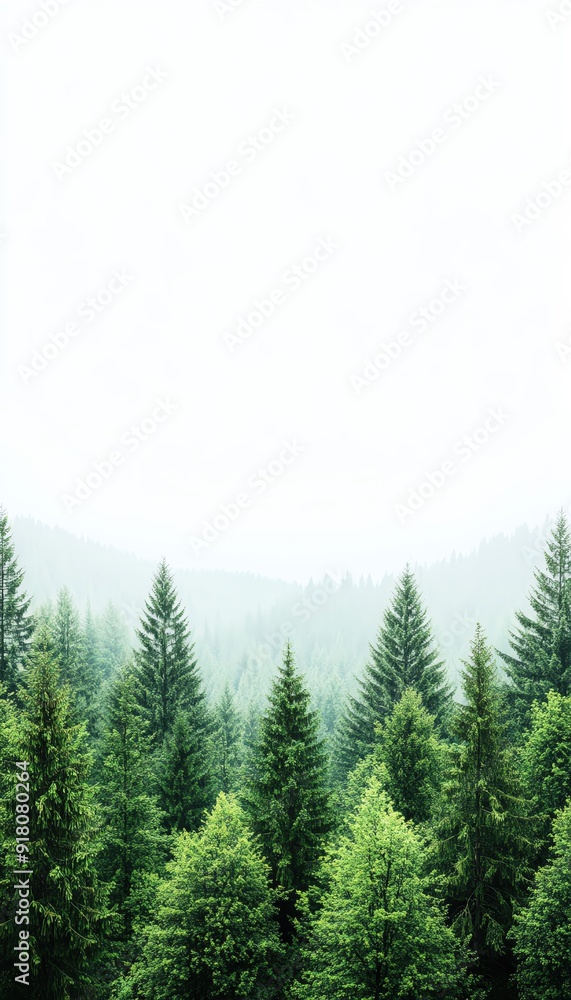 Fototapeta premium Serene forest landscape featuring lush green trees under a misty sky, perfect for nature-themed projects and backgrounds.
