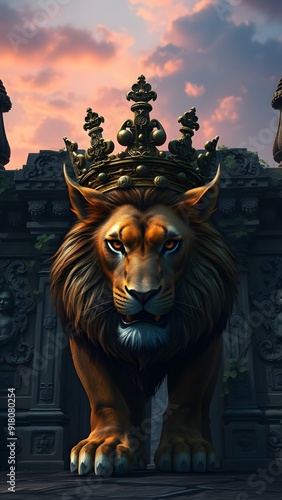 Fierce Lion with Bronze Crown at Ancient Temple Entrance - Fantasy Artwork