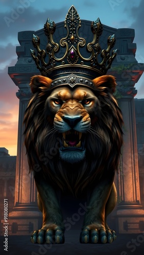 Fierce Lion with Bronze Crown at Ancient Temple Entrance - Fantasy Artwork