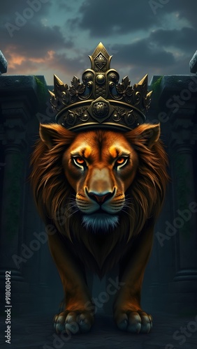 Fierce Lion with Bronze Crown at Ancient Temple Entrance - Fantasy Artwork