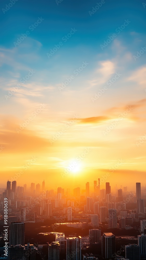 Fototapeta premium Stunning sunset over a city skyline, showcasing vibrant orange and blue hues that ignite the horizon.