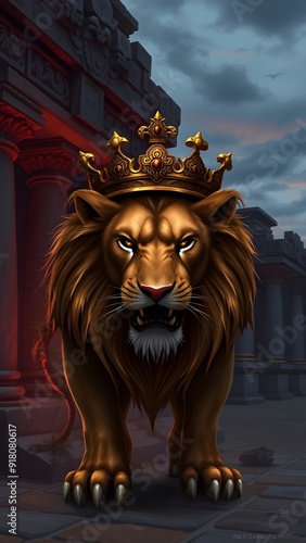 Fierce Lion with Bronze Crown at Ancient Temple Entrance - Fantasy Artwork