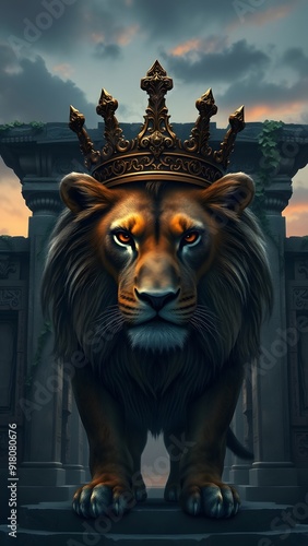 Fierce Lion with Bronze Crown at Ancient Temple Entrance - Fantasy Artwork
