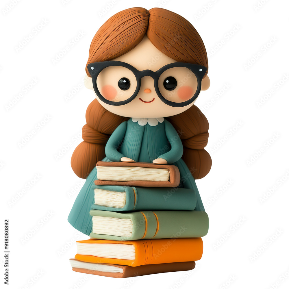 A charming, stylized character with round glasses sitting atop a stack of colorful books, radiating a love for reading and learning A charming, stylized character with round glasses sitting atop a stack of colorful books, radiating a love for reading and learning