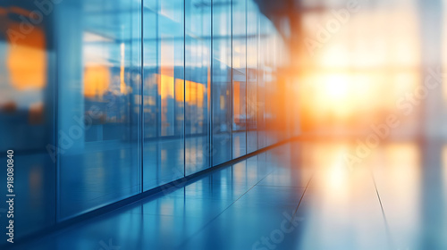 Glass Wall Interior with Sunset Reflection.