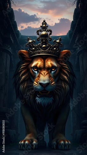 Fierce Lion with Bronze Crown at Ancient Temple Entrance - Fantasy Artwork