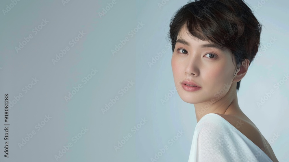Elegant Woman with Short Hair, Minimalist Portrait with Soft Lighting and Neutral Background Elegant Woman with Short Hair, Minimalist Portrait with Soft Lighting and Neutral Background
