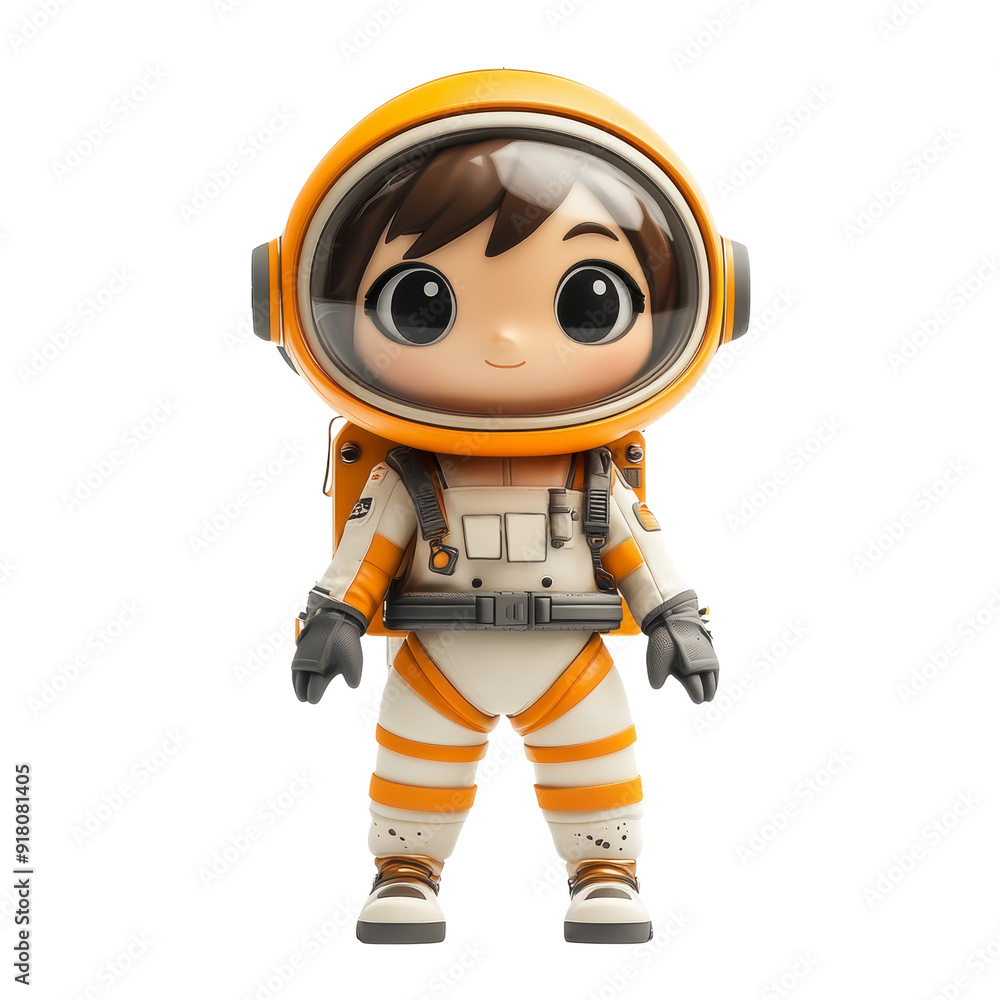 A cheerful cartoon astronaut wearing an orange and white spacesuit, complete with a large helmet, stands confidently against a transparent background A cheerful cartoon astronaut wearing an orange and white spacesuit, complete with a large helmet, stands confidently against a transparent background
