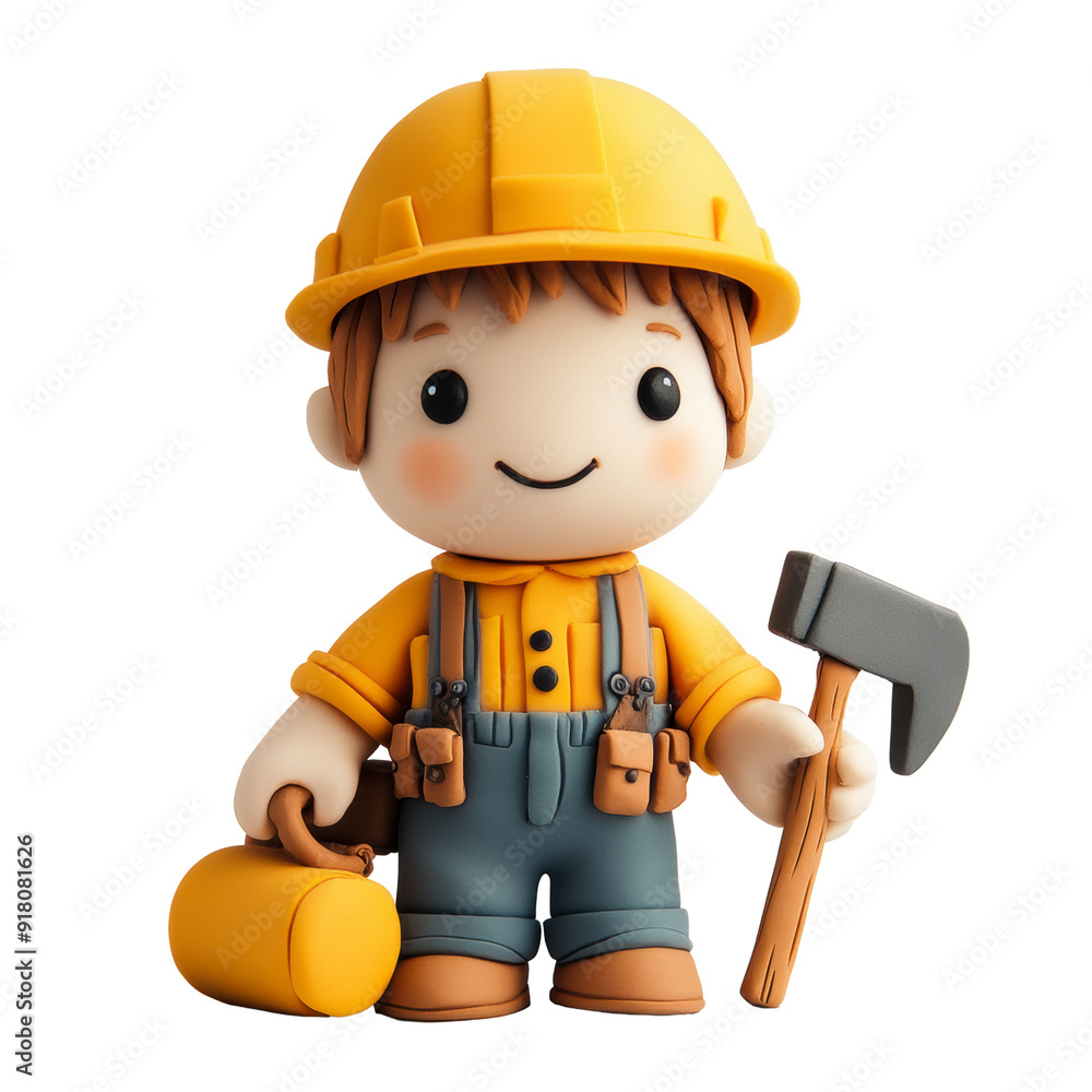A cheerful cartoon character dressed as a construction worker, wearing a yellow hard hat and holding an axe, accompanied by a tool bag, showcasing a playful design A cheerful cartoon character dressed as a construction worker, wearing a yellow hard hat and holding an axe, accompanied by a tool bag, showcasing a playful design