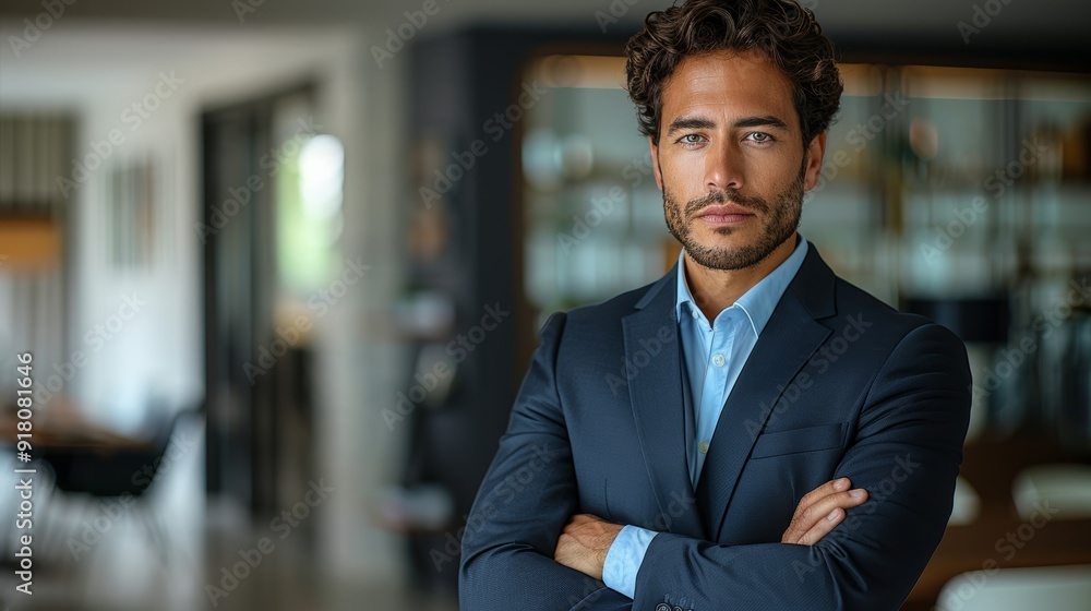 Confident man in a suit standing with arms crossed in a modern office space during the daytime Confident man in a suit standing with arms crossed in a modern office space during the daytime