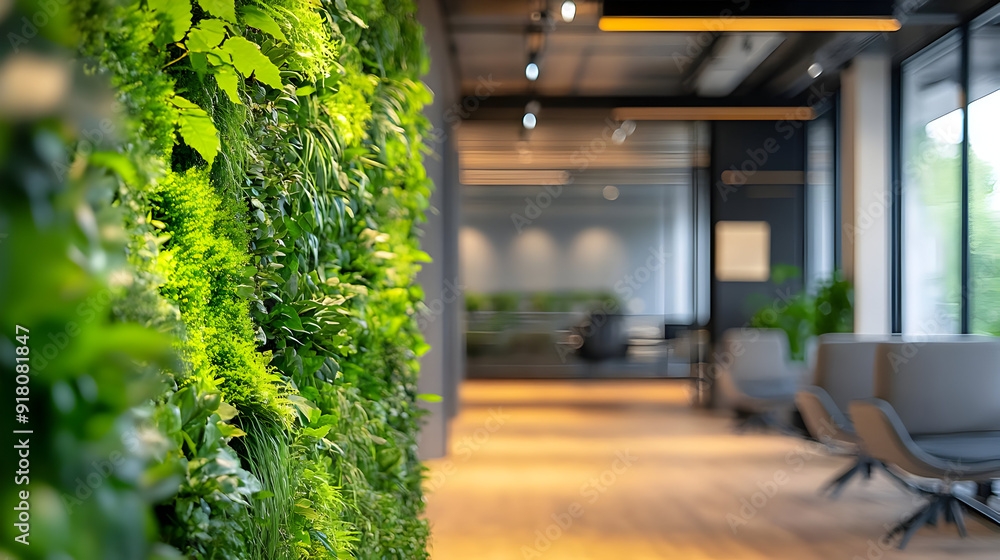 Green wall in modern office lobby with blurred chairs. Green wall in modern office lobby with blurred chairs.