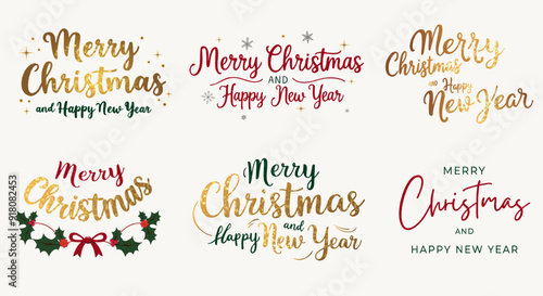 Christmas typographic emblems set. Merry christmas new year gold lettering with glitter. For banner, card, package.