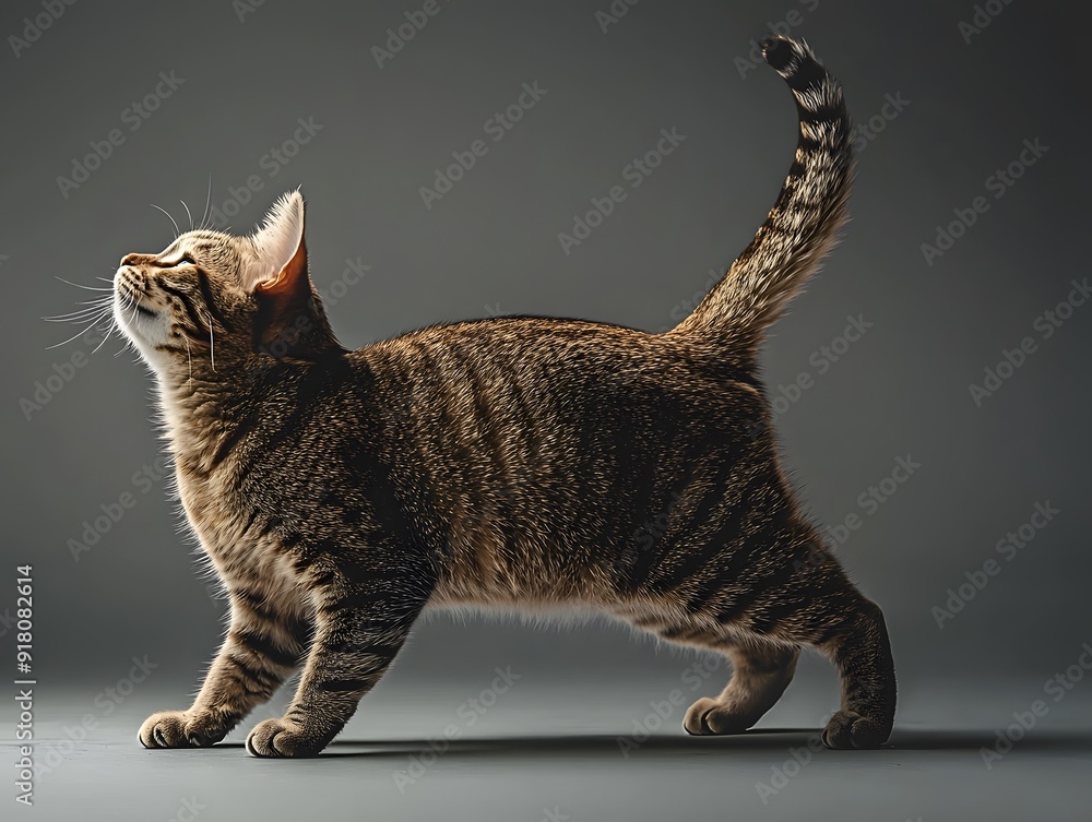 Naklejka premium Striking portrait of a curious and alert Bengal cat with distinctive striped fur and intense green eyes